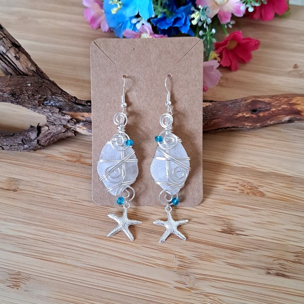 Drop & Dangle Sea Glass earrings | Silver Wire Wrap earrings | Handmade Upcycled earrings | Starfish Long earrings Birthday gift for Her UK