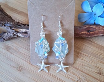Silver Sea Glass Earrings | Drop & Dangle Earrings | Handmade Starfish Earrings | Unique Statement Earrings Boho Earrings Gift for Woman UK