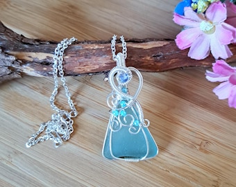 Wire Wrap Sea Glass Necklace | Unique Silver Necklace | Handmade Boho Necklace | Beach Glass Necklace Mermaid Necklace Birthday Womens gift