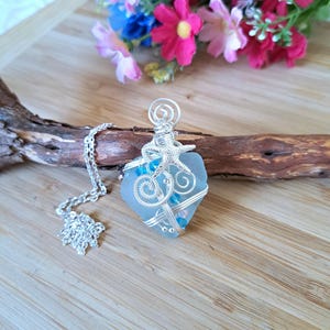 Unique Sea Glass Wire Wrapped Pendant Necklace | Handmade Silver Heart necklace | Beach Glass necklace | Gift for Woman Mermaid necklace UK