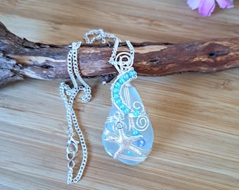 Sea Glass Wire Wrapped Pendant Necklace | Beach Glass Necklace | Sea Glass Jewellery | Handmade Silver necklace Unique Gift for Woman Boho