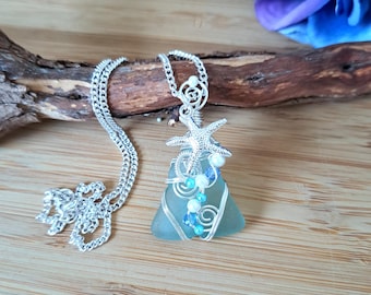 Blue Sea Glass necklace | Beach Glass necklace | Silver Wire Wrap necklace | Handmade necklace Girlfriend present Christmas gift for Woman