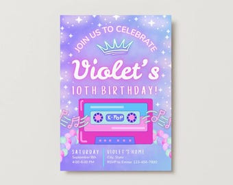 May include: A purple and blue birthday invitation with the text "Join us to Celebrate Violet's 10th Birthday!" A pink cassette tape graphic with "K-Pop" is featured. Includes date, time, and RSVP information.