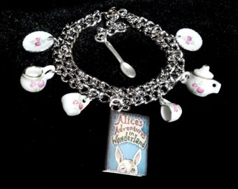 Alice in Wonderland Tea Set Charm Bracelet/Fairy Tales/Tea Party Bracelet/Mad Hatter/Cheshire Cat/White Rabbit/Story Book Fairy Tale Jewelry