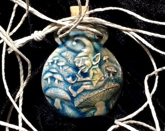 Gnome on Mushroom with Pipe Necklace/Gnome Jewelry/Gnome Necklace/Mushroom Necklace/Gnomes/Elves/Pipe Necklace/Hemp Necklace/Hemp Jewelry