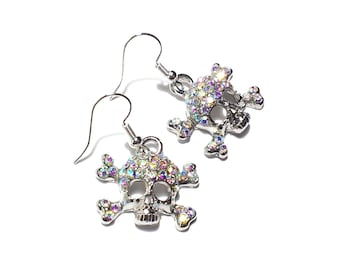 Crystal Skull Earrings/Skull Earrings/Skull Jewelry/Skull & Crossbones Jewelry/Skull Crossbones Earrings/Skulls/Sparkle Skull Earrings