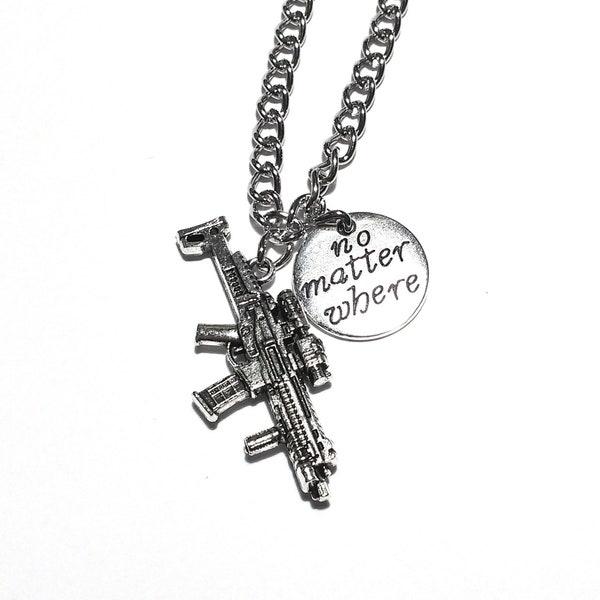 No Matter Where Necklace/Gun Necklace/Military Jewelry/Call of Duty/Men's Jewelry/Gifts for Gamers/Machine Gun Necklace/Video Game Jewelry