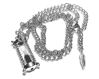 May include: A silver chain necklace with a silver hourglass pendant and a silver feather charm.