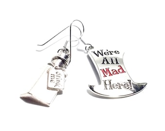 Alice in Wonderland Earrings/Drink Me Earrings/We're All Mad Here Earrings/Mad Hatter/Fairy Tale Earrings/Alice in Wonderland Jewelry