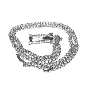 May include: A silver chain necklace with a silver hourglass pendant.