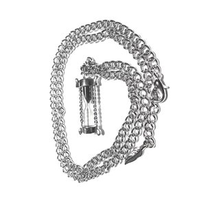 May include: A silver chain necklace with an hourglass pendant. The hourglass is filled with clear sand and has a silver frame.
