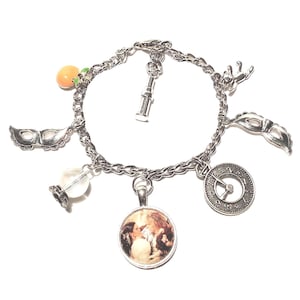 Labyrinth Charm Bracelet/Fairytale Jewelry/Labyrinth Jewelry/Charm Bracelets/Crystal Ball/Masks/Teddy Bear/Clock/Peach Charm/Masquerade Ball