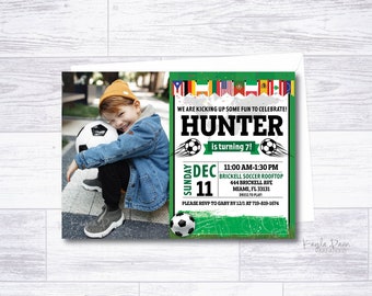 May include: A soccer-themed birthday party invitation featuring a photo of a child with a soccer ball. The invitation includes the text "HUNTER is turning 7!" and event details. The design incorporates green and white elements.