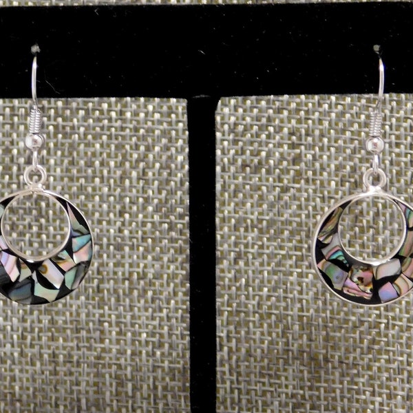 Mexican Earrings 925 Sterling Silver Taxco Abalone Shell Petite Black Enamel Inlay Y34