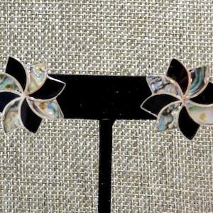 Mexican Earrings 925 Sterling Silver Taxco Abalone Shell Black Enamel Signed Y45