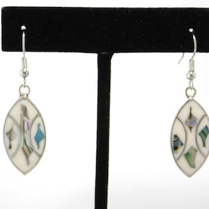 Mexican Earrings Vintage Abalone Shell Alpaca Silver Dangle Drop White Enamel Inlay Y06