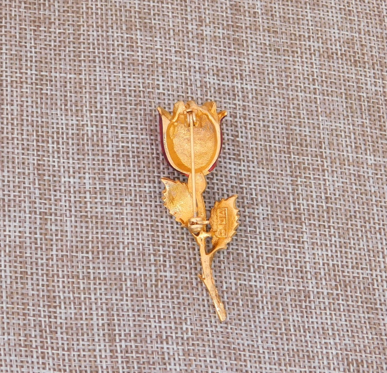 Vintage Brooch Rose Flower LIA Clear Crystal Rhinestones Reddish Orange Enamel Goldtone VJ03