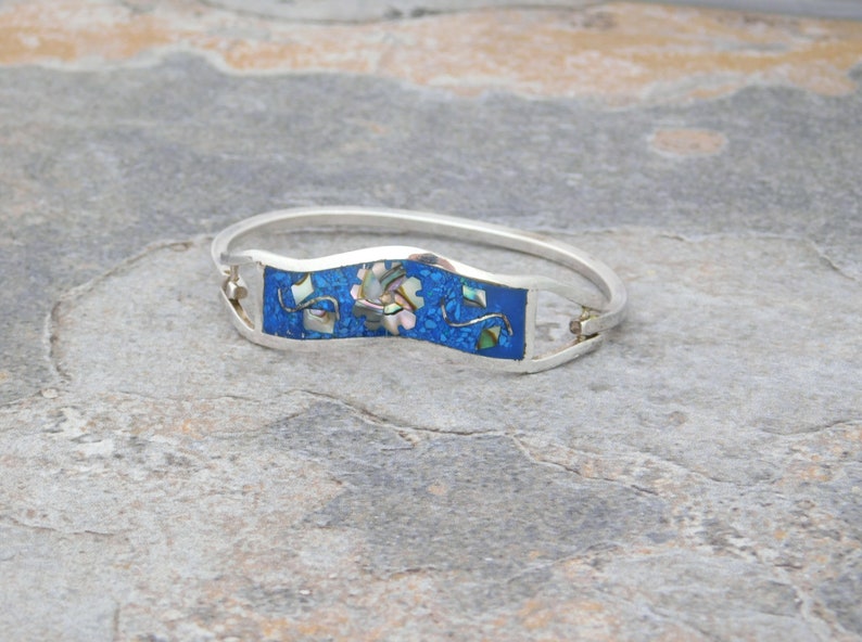 Taxco Mexican Bracelet Abalone Shell Inlay Alpaca Silver Vintage 6-34 Blue Stone J25