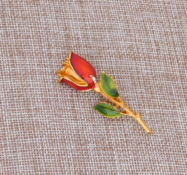Vintage Brooch Rose Flower LIA Clear Crystal Rhinestones Reddish Orange Enamel Goldtone VJ03