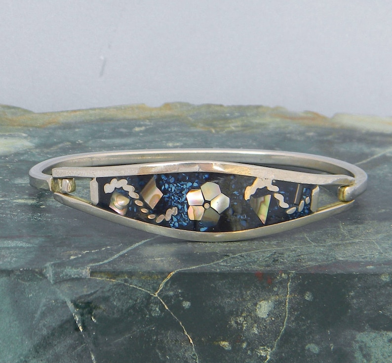 Taxco Mexico Alpaca Silver Abalone Bracelet 6-38 Vintage Blue Stone Shell Inlays A30