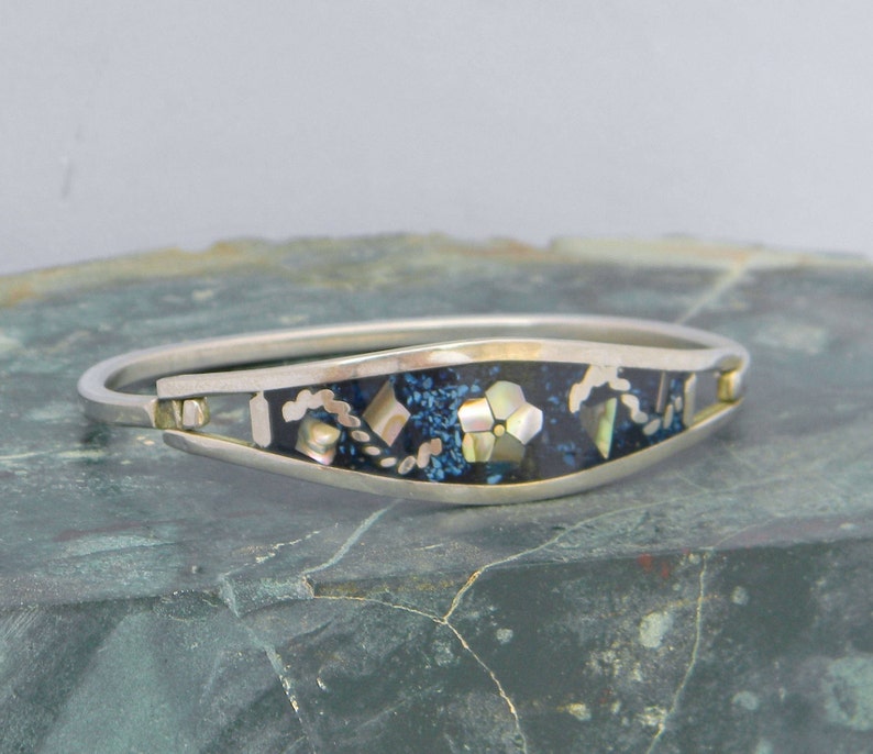 Taxco Mexico Alpaca Silver Abalone Bracelet 6-38 Vintage Blue Stone Shell Inlays A30