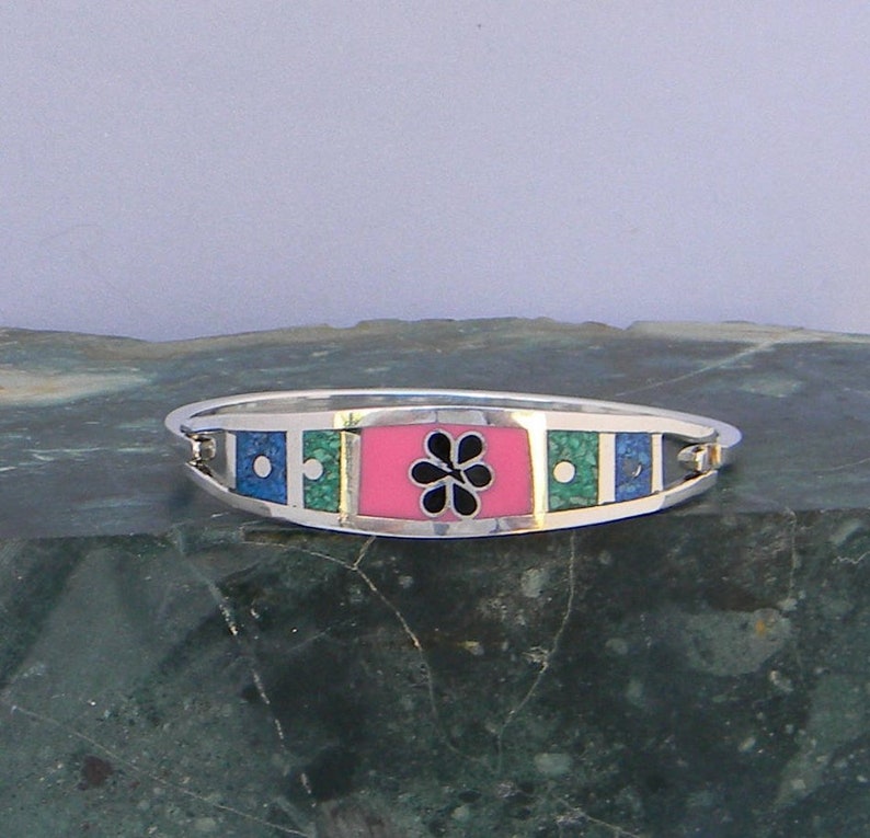 Mexican Silver Alpaca Bracelet 6-34 Vintage Hinged Pink Enamel Blue Green Stone Inlay J04