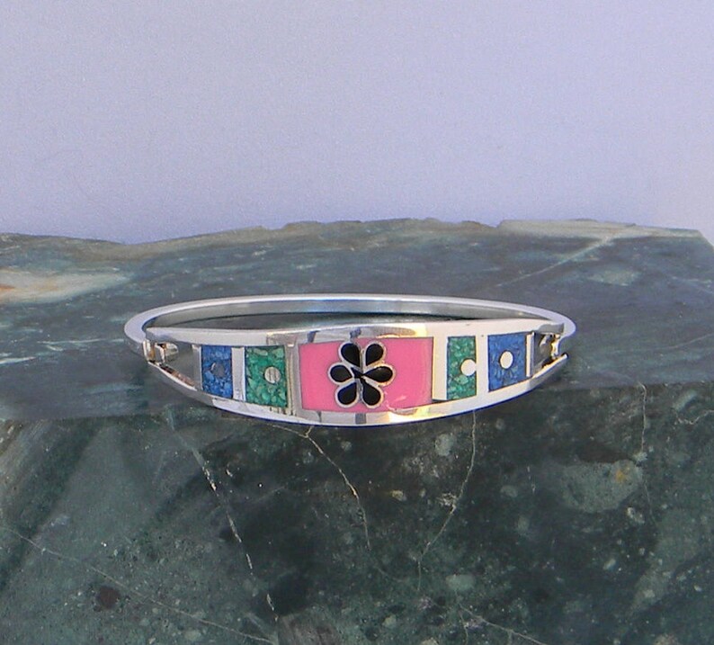 Mexican Silver Alpaca Bracelet 6-34 Vintage Hinged Pink Enamel Blue Green Stone Inlay J04