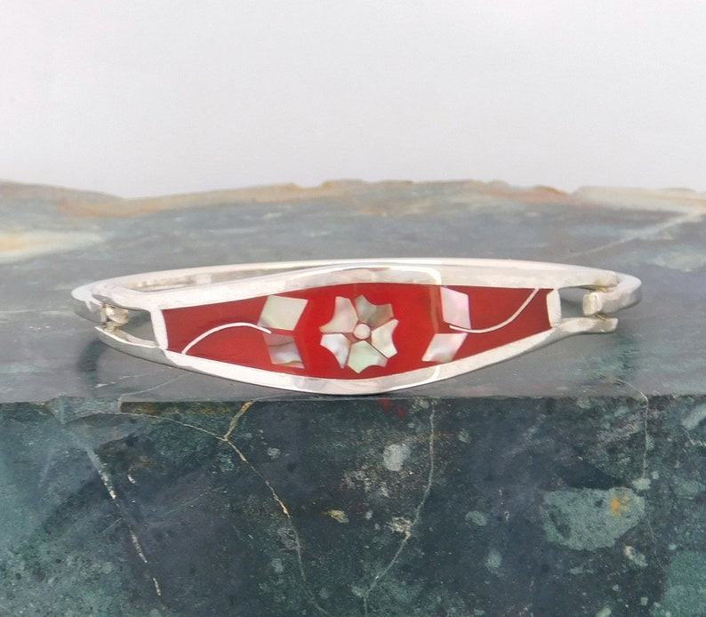 Mexican Abalone Bracelet Alpaca Silver Vintage Red Enamel 6-78 Shell Inlay H21