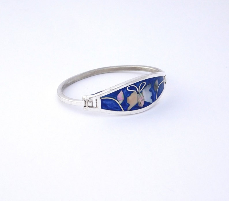 Alpaca Mexican Silver Bracelet Abalone Shell Inlays 6-14 Vintage Blue Enamel U21