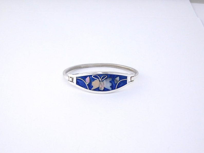 Alpaca Mexican Silver Bracelet Abalone Shell Inlays 6-14 Vintage Blue Enamel U21