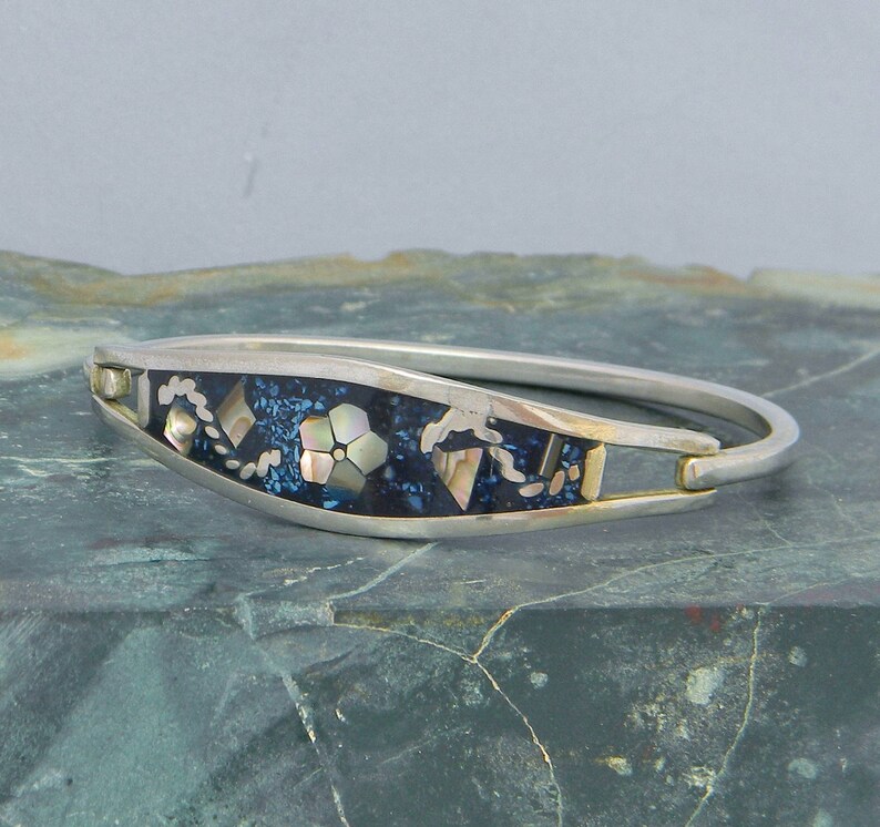 Taxco Mexico Alpaca Silver Abalone Bracelet 6-38 Vintage Blue Stone Shell Inlays A30