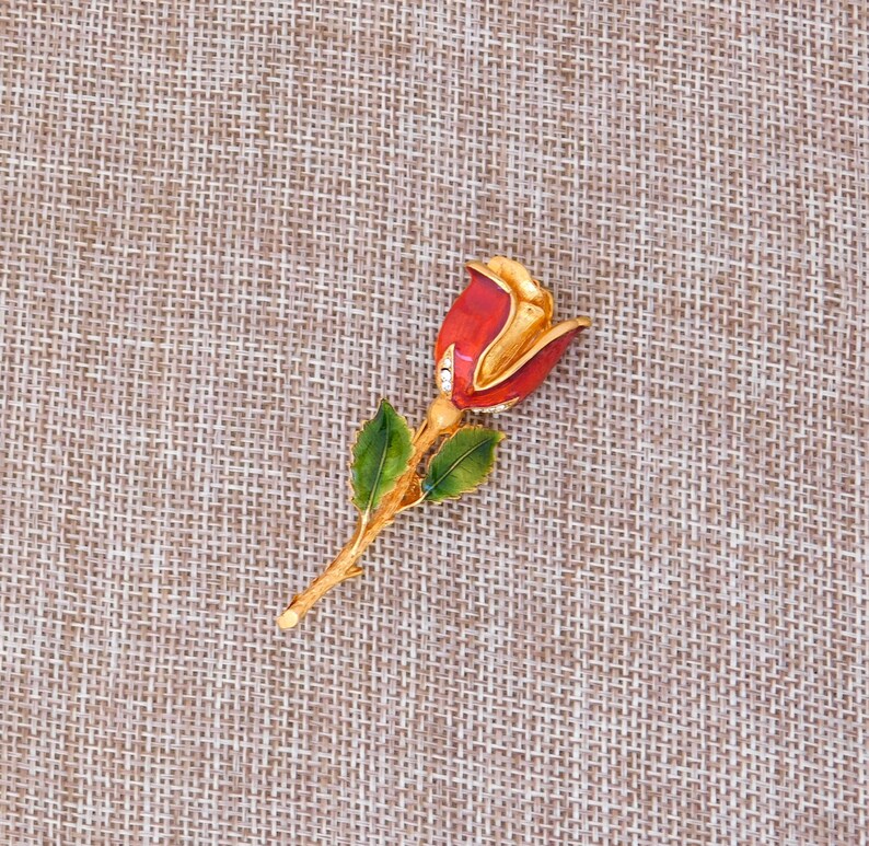 Vintage Brooch Rose Flower LIA Clear Crystal Rhinestones Reddish Orange Enamel Goldtone VJ03
