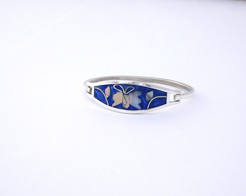 Alpaca Mexican Silver Bracelet Abalone Shell Inlays 6-14 Vintage Blue Enamel U21