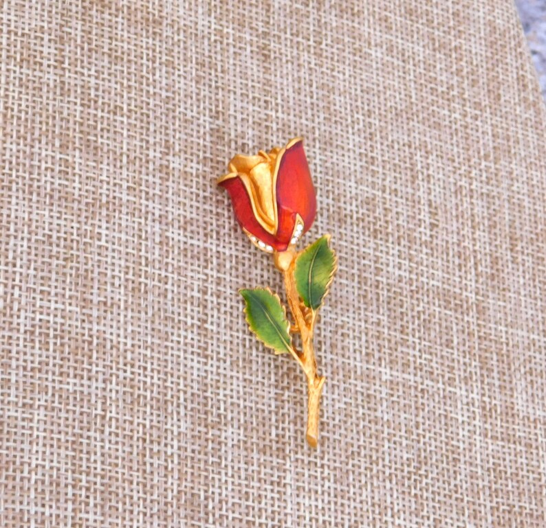 Vintage Brooch Rose Flower LIA Clear Crystal Rhinestones Reddish Orange Enamel Goldtone VJ03