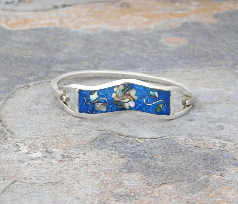Taxco Mexican Bracelet Abalone Shell Inlay Alpaca Silver Vintage 6-34 Blue Stone J25