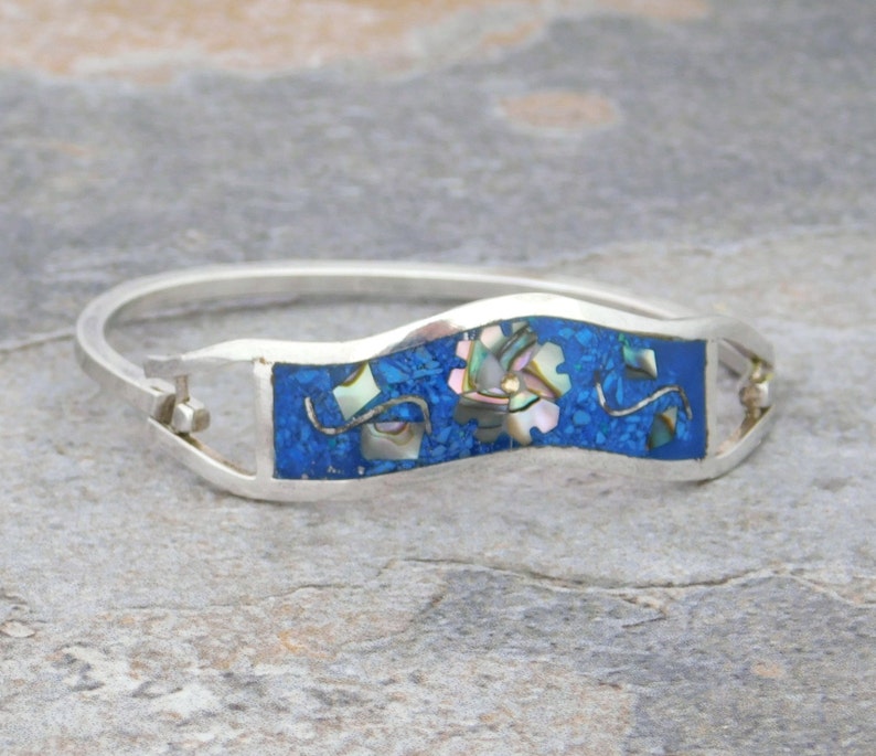 Taxco Mexican Bracelet Abalone Shell Inlay Alpaca Silver Vintage 6-34 Blue Stone J25