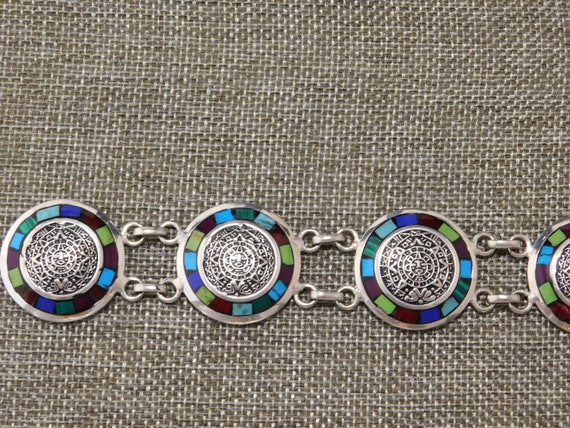 Vintage Mexican Bracelet Alpaca Silver Aztec Sun … - image 1