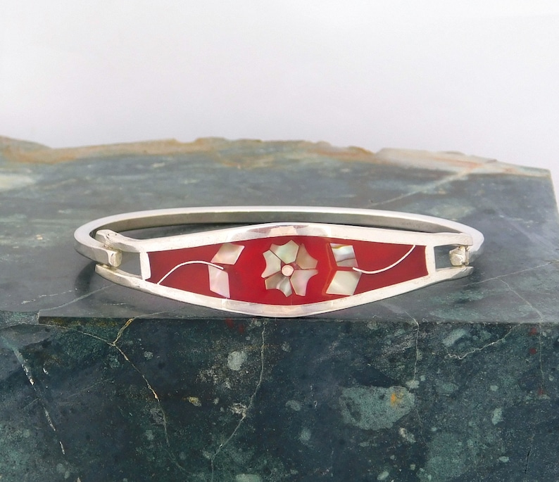 Mexican Abalone Bracelet Alpaca Silver Vintage Red Enamel 6-78 Shell Inlay H21
