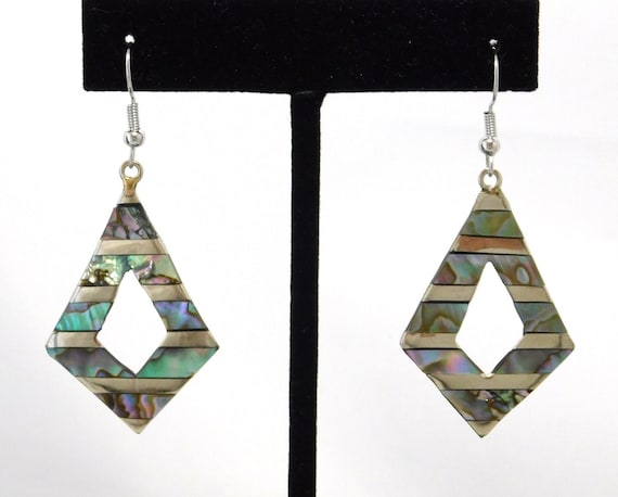 Mexican Earrings Alpaca Silver Vintage Abalone Sh… - image 1