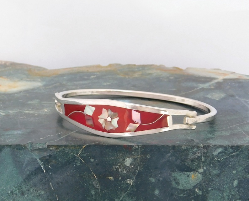 Mexican Abalone Bracelet Alpaca Silver Vintage Red Enamel 6-78 Shell Inlay H21