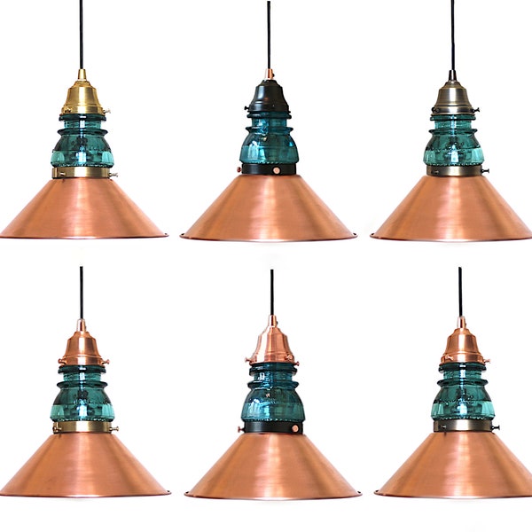 Pendant Light with Glass Aqua Insulator Vintage and Copper Metal Shade Hanging Fixture Industrial Rustic Custom