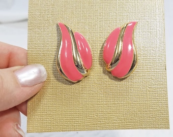 Vintage Coral Enameled and Goldtone Swoosh Earrings for Pierced Ears