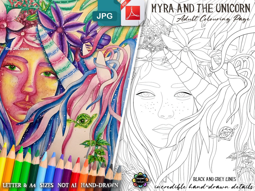 Myra and the Unicorn-adult Line Art Coloring Page,fairy Colouring Page ...
