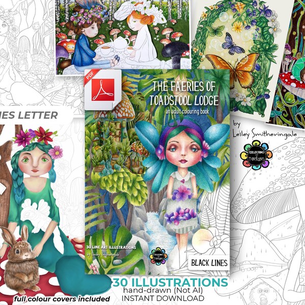 The Faeries of Toadstool Lodge-Letter-Grey Lines,adult colouring book,fairies colouring book, printable PDF coloring book,