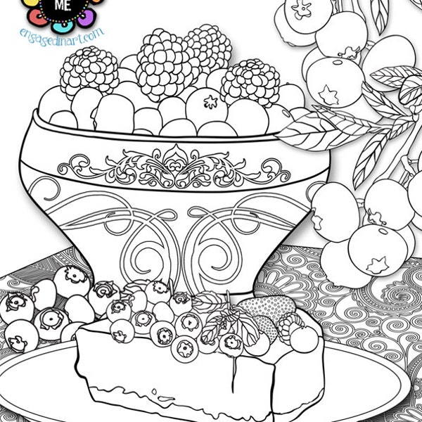 Printable Colouring Page - Adult Colouring Page - Blueberry Cheesecake - White Background