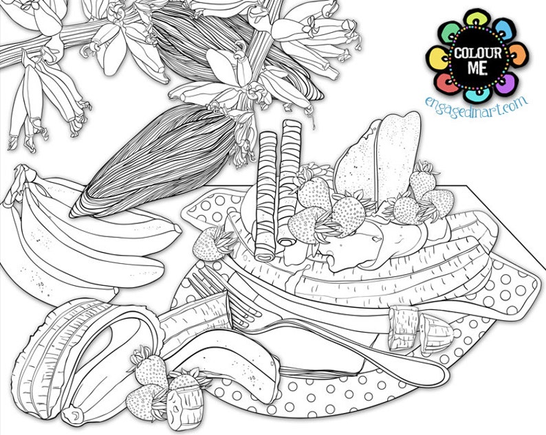 Download Printable Colouring Page Adult Colouring Page Banana Split | Etsy