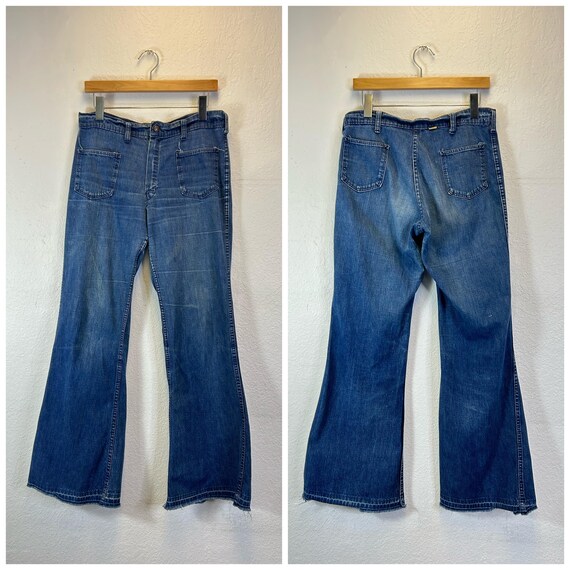 70s Vintage Big Yank Flare Jeans Boot Cut Denim Pants Patch Pocket 