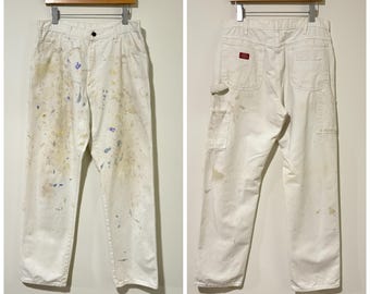 90s Dickies Straight Paint Splattered Painter Pants Workwear White