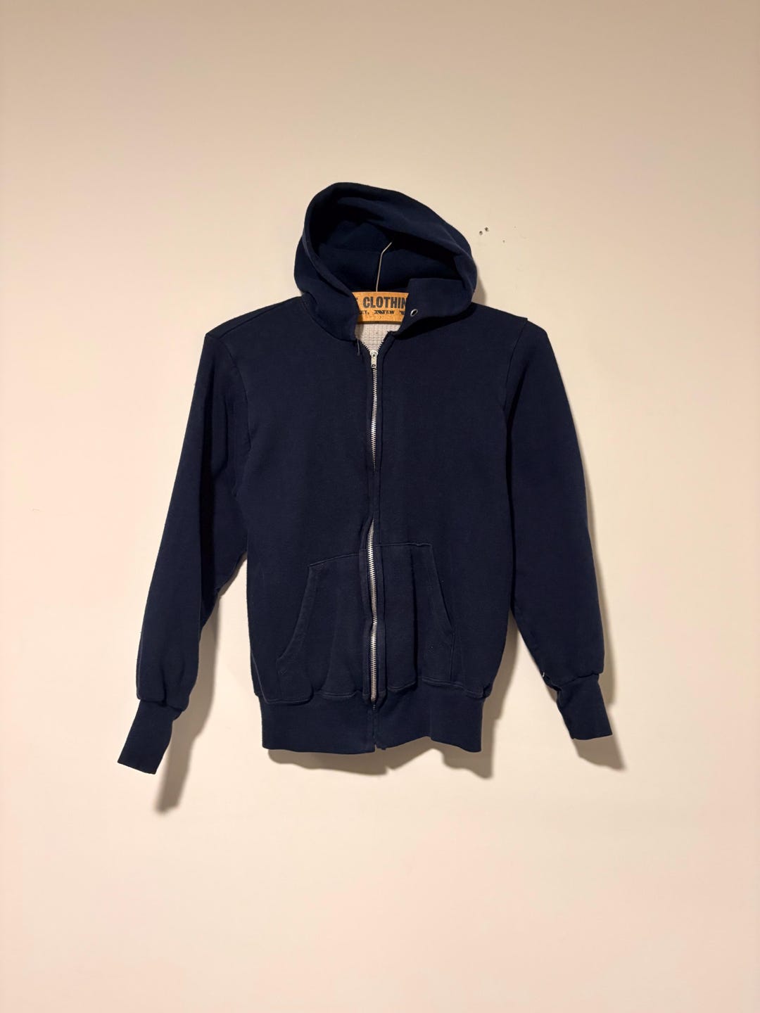70s Vintage Cotton Poly Blend Zip up Thermal Lined Hoodie Navy