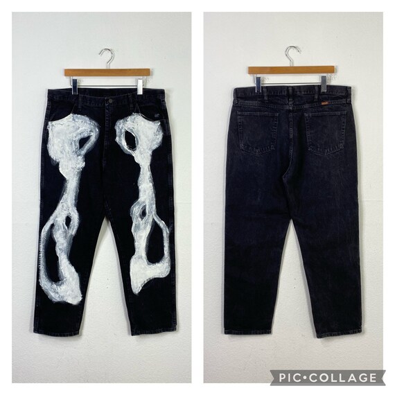 Buy Vintage Skull Pattern Hand Paint Black Denim Pants Jeans Size 